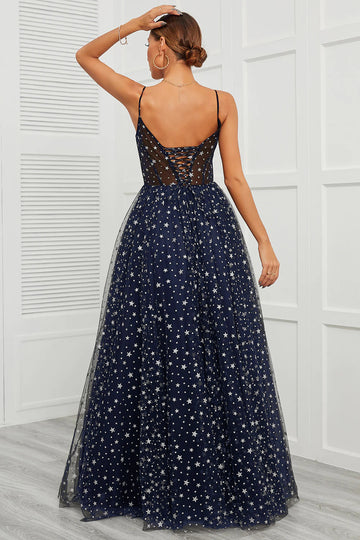 Spaghetti stropper Navy Long Prom Kjole med Star